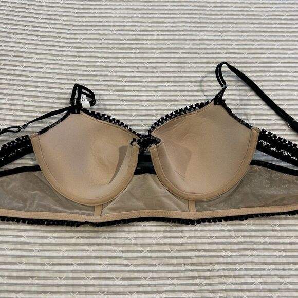 Aerie Plunge Underwire Lace Bra Size 34 C Black - Nude With Black Lace Overlay - Picture 4 of 8